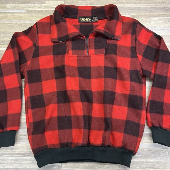 VTG Boss Buffalo Plaid Pullover Fleece Red Black Size Small - JL496 - Picture 1 of 6